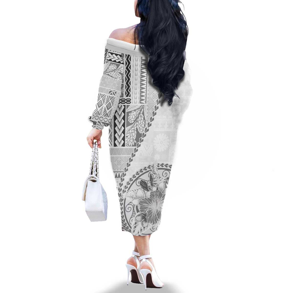 Samoa Siapo Elegant Family Matching Off The Shoulder Long Sleeve Dress and Hawaiian Shirt Hibiscus White Motifs LT05 - Polynesian Pride