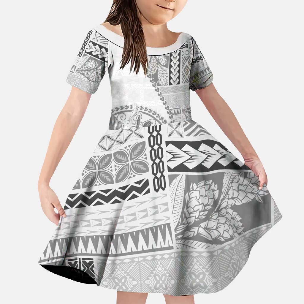 Samoa Siapo Elegant Family Matching Off Shoulder Maxi Dress and Hawaiian Shirt Hibiscus White Motifs LT05 Daughter's Dress White - Polynesian Pride