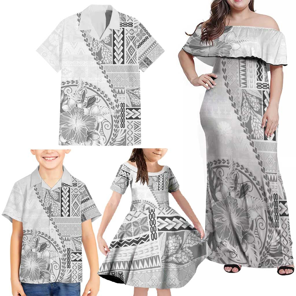 Samoa Siapo Elegant Family Matching Off Shoulder Maxi Dress and Hawaiian Shirt Hibiscus White Motifs LT05 - Polynesian Pride