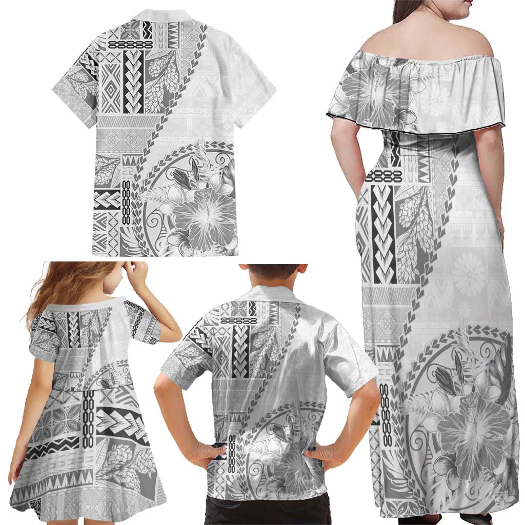 Samoa Siapo Elegant Family Matching Off Shoulder Maxi Dress and Hawaiian Shirt Hibiscus White Motifs LT05 - Polynesian Pride