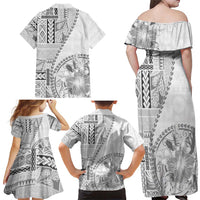 Samoa Siapo Elegant Family Matching Off Shoulder Maxi Dress and Hawaiian Shirt Hibiscus White Motifs LT05 - Polynesian Pride