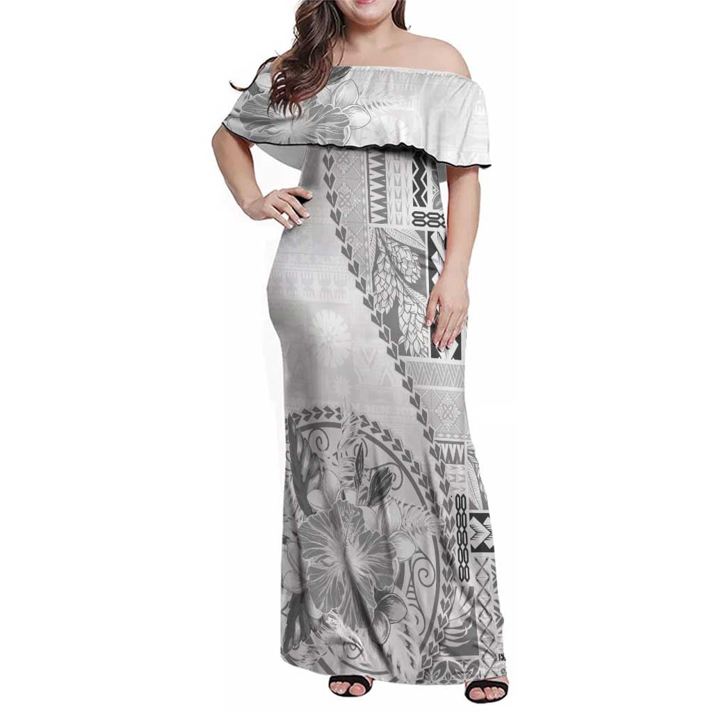 Samoa Siapo Elegant Family Matching Off Shoulder Maxi Dress and Hawaiian Shirt Hibiscus White Motifs LT05 Mom's Dress White - Polynesian Pride