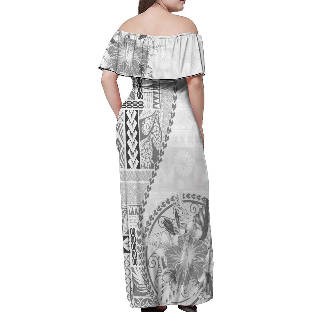 Samoa Siapo Elegant Family Matching Off Shoulder Maxi Dress and Hawaiian Shirt Hibiscus White Motifs LT05 - Polynesian Pride