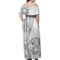 Samoa Siapo Elegant Family Matching Off Shoulder Maxi Dress and Hawaiian Shirt Hibiscus White Motifs LT05 - Polynesian Pride