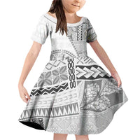 Samoa Siapo Elegant Family Matching Off Shoulder Short Dress and Hawaiian Shirt Hibiscus White Motifs LT05 Daughter's Dress White - Polynesian Pride