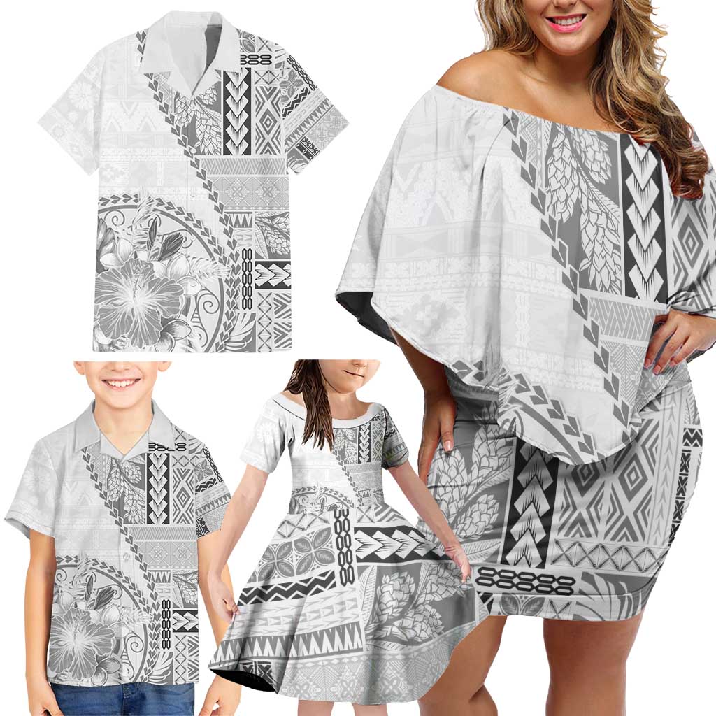 Samoa Siapo Elegant Family Matching Off Shoulder Short Dress and Hawaiian Shirt Hibiscus White Motifs LT05 - Polynesian Pride