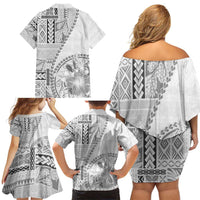 Samoa Siapo Elegant Family Matching Off Shoulder Short Dress and Hawaiian Shirt Hibiscus White Motifs LT05 - Polynesian Pride