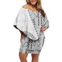 Samoa Siapo Elegant Family Matching Off Shoulder Short Dress and Hawaiian Shirt Hibiscus White Motifs LT05 Mom's Dress White - Polynesian Pride