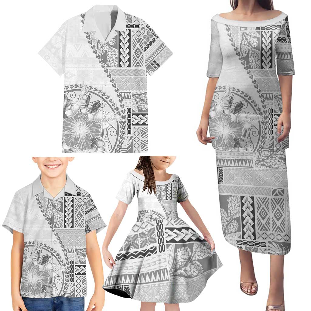 Samoa Siapo Elegant Family Matching Puletasi and Hawaiian Shirt Hibiscus White Motifs LT05 - Polynesian Pride