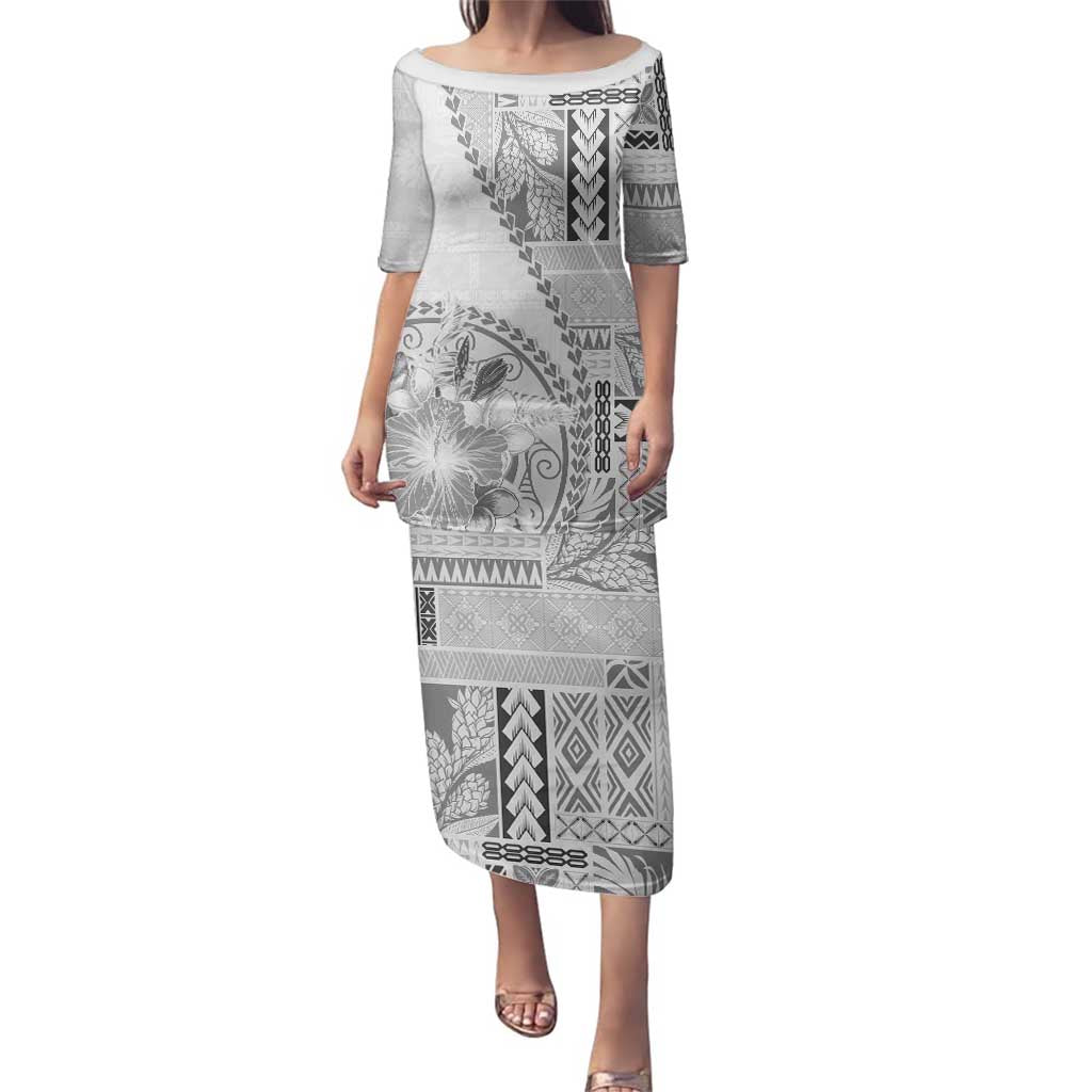 Samoa Siapo Elegant Family Matching Puletasi and Hawaiian Shirt Hibiscus White Motifs LT05 Mom's Dress White - Polynesian Pride