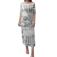 Samoa Siapo Elegant Family Matching Puletasi and Hawaiian Shirt Hibiscus White Motifs LT05 Mom's Dress White - Polynesian Pride