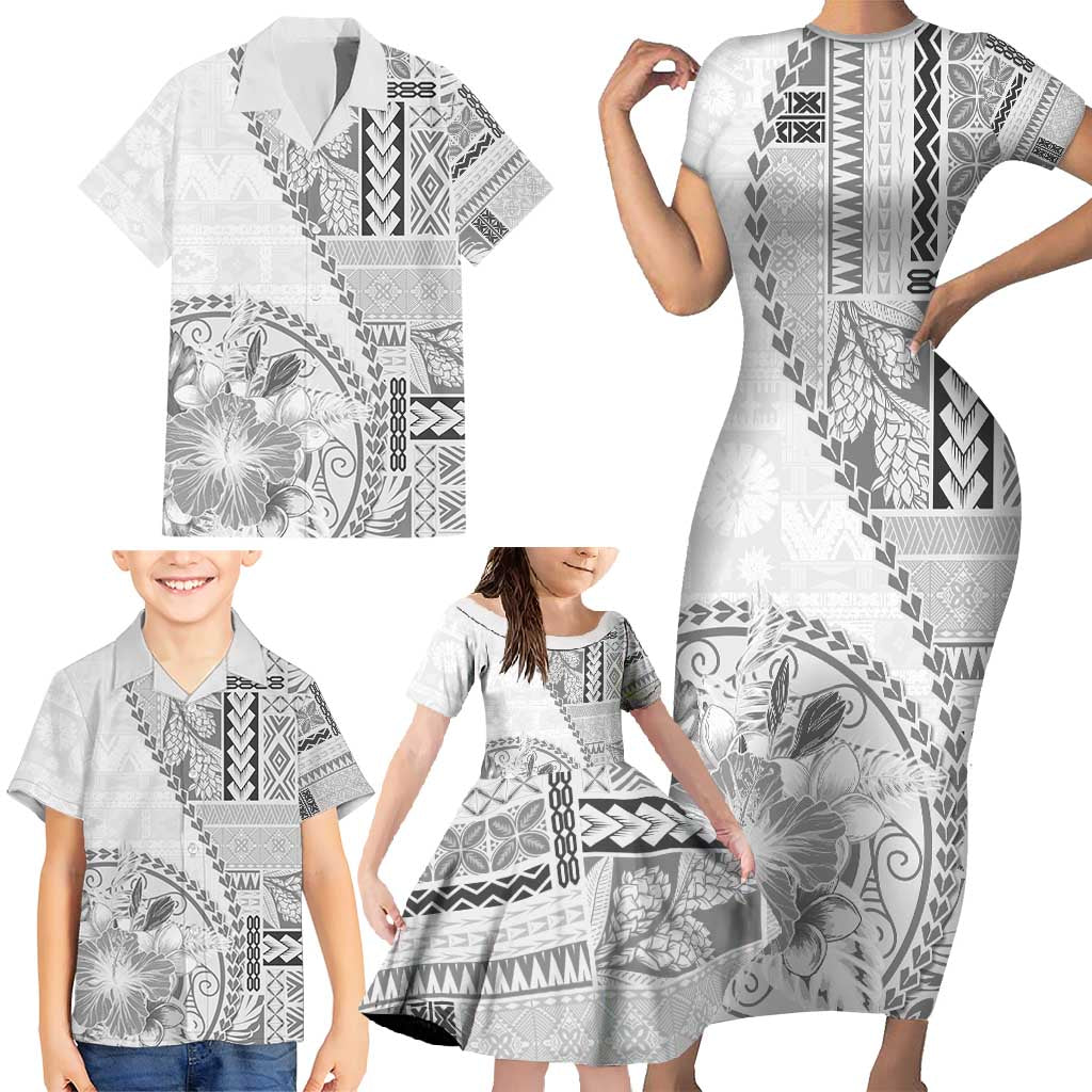Samoa Siapo Elegant Family Matching Short Sleeve Bodycon Dress and Hawaiian Shirt Hibiscus White Motifs LT05 - Polynesian Pride