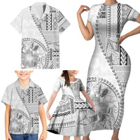 Samoa Siapo Elegant Family Matching Short Sleeve Bodycon Dress and Hawaiian Shirt Hibiscus White Motifs LT05 - Polynesian Pride