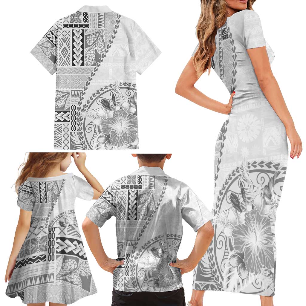 Samoa Siapo Elegant Family Matching Short Sleeve Bodycon Dress and Hawaiian Shirt Hibiscus White Motifs LT05 - Polynesian Pride