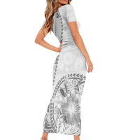 Samoa Siapo Elegant Family Matching Short Sleeve Bodycon Dress and Hawaiian Shirt Hibiscus White Motifs LT05 - Polynesian Pride