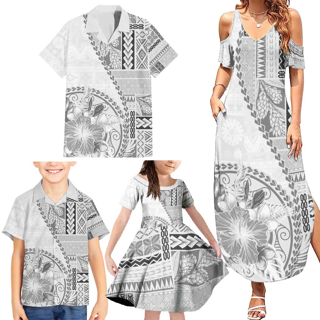 Samoa Siapo Elegant Family Matching Summer Maxi Dress and Hawaiian Shirt Hibiscus White Motifs LT05 - Polynesian Pride