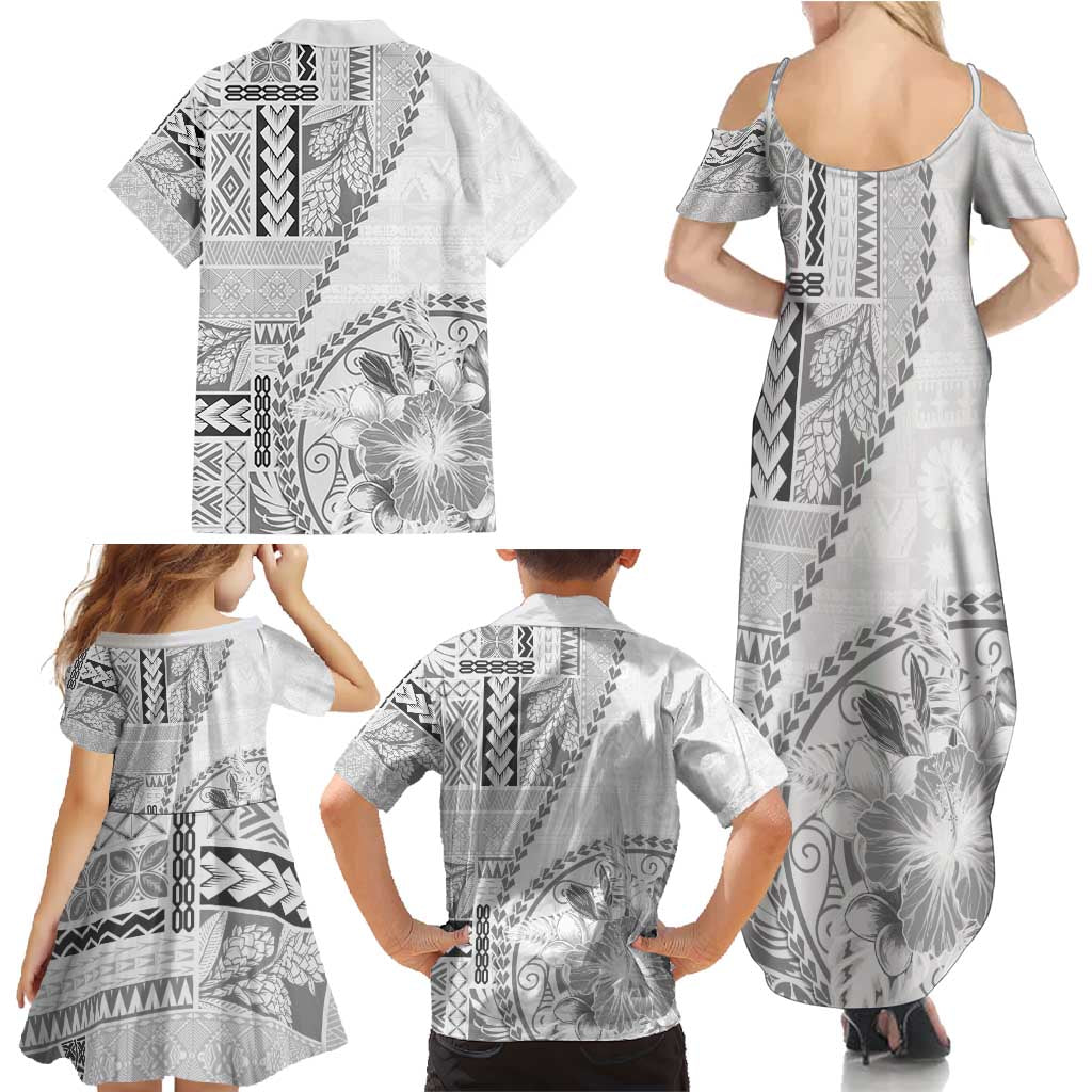 Samoa Siapo Elegant Family Matching Summer Maxi Dress and Hawaiian Shirt Hibiscus White Motifs LT05 - Polynesian Pride