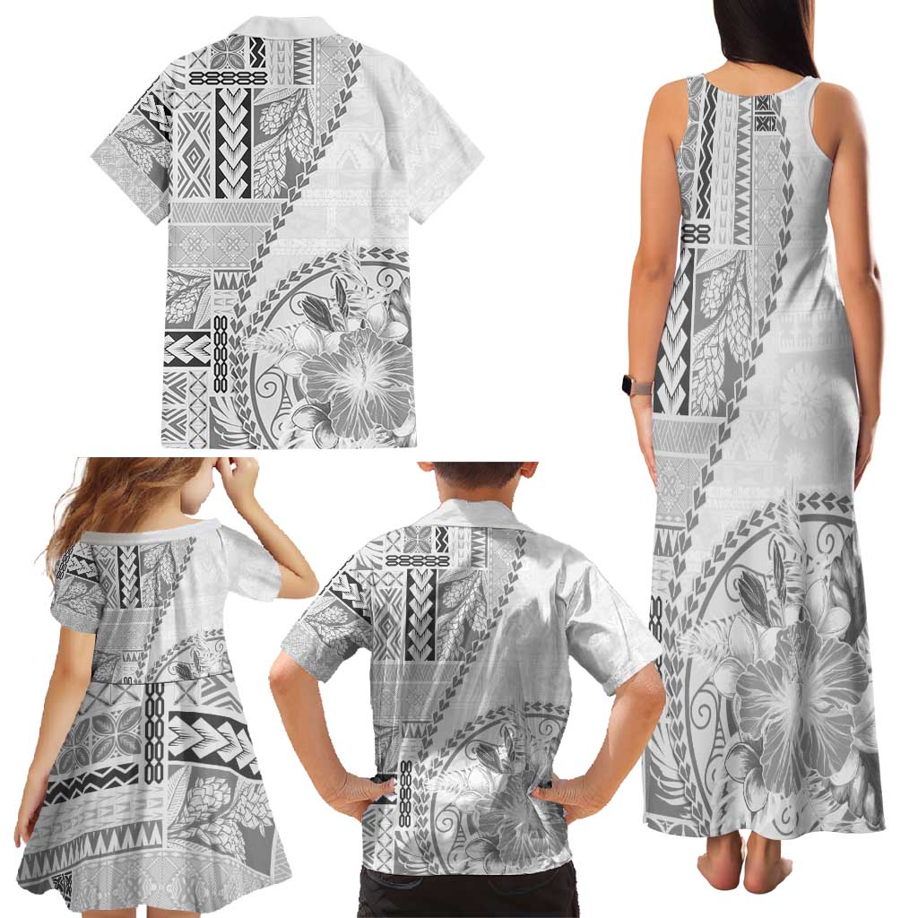 Samoa Siapo Elegant Family Matching Tank Maxi Dress and Hawaiian Shirt Hibiscus White Motifs LT05 - Polynesian Pride