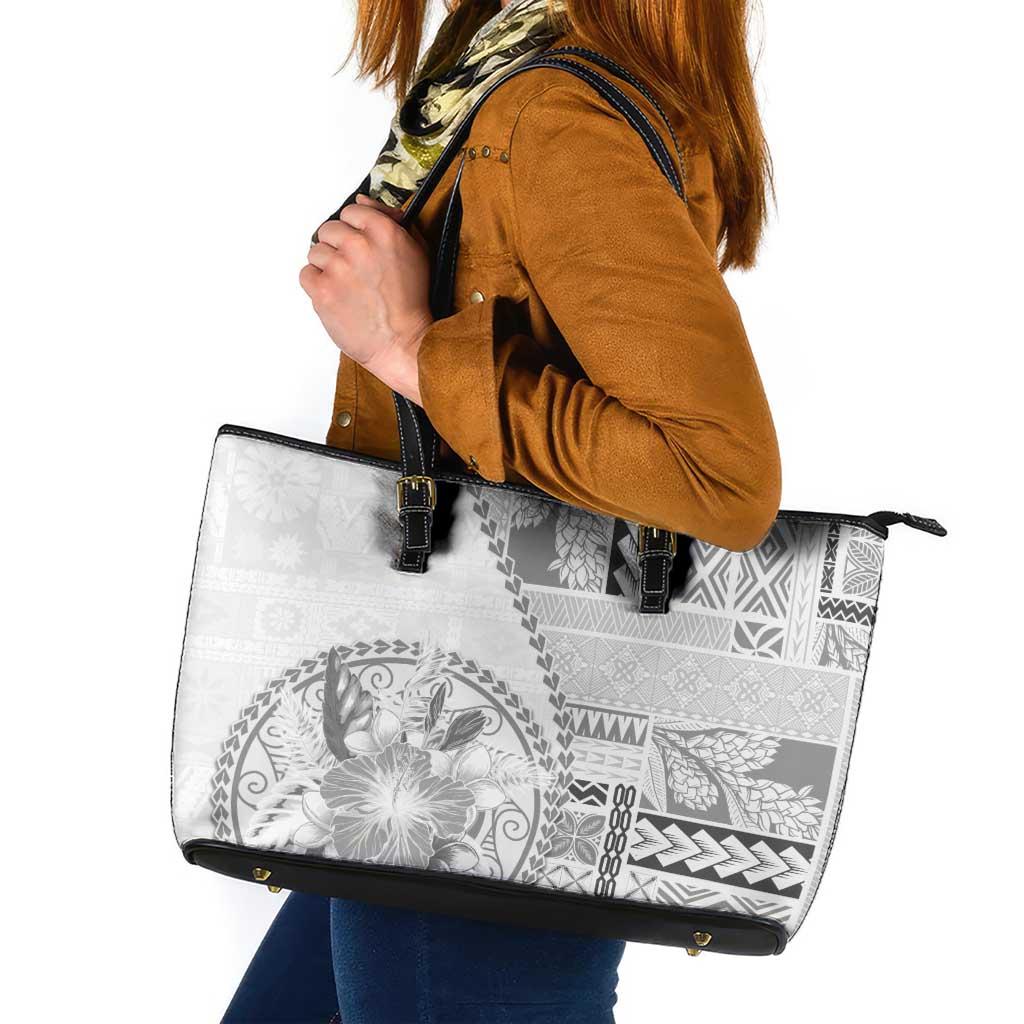 Samoa Siapo Elegant Leather Tote Bag Hibiscus White Motifs - Polynesian Pride