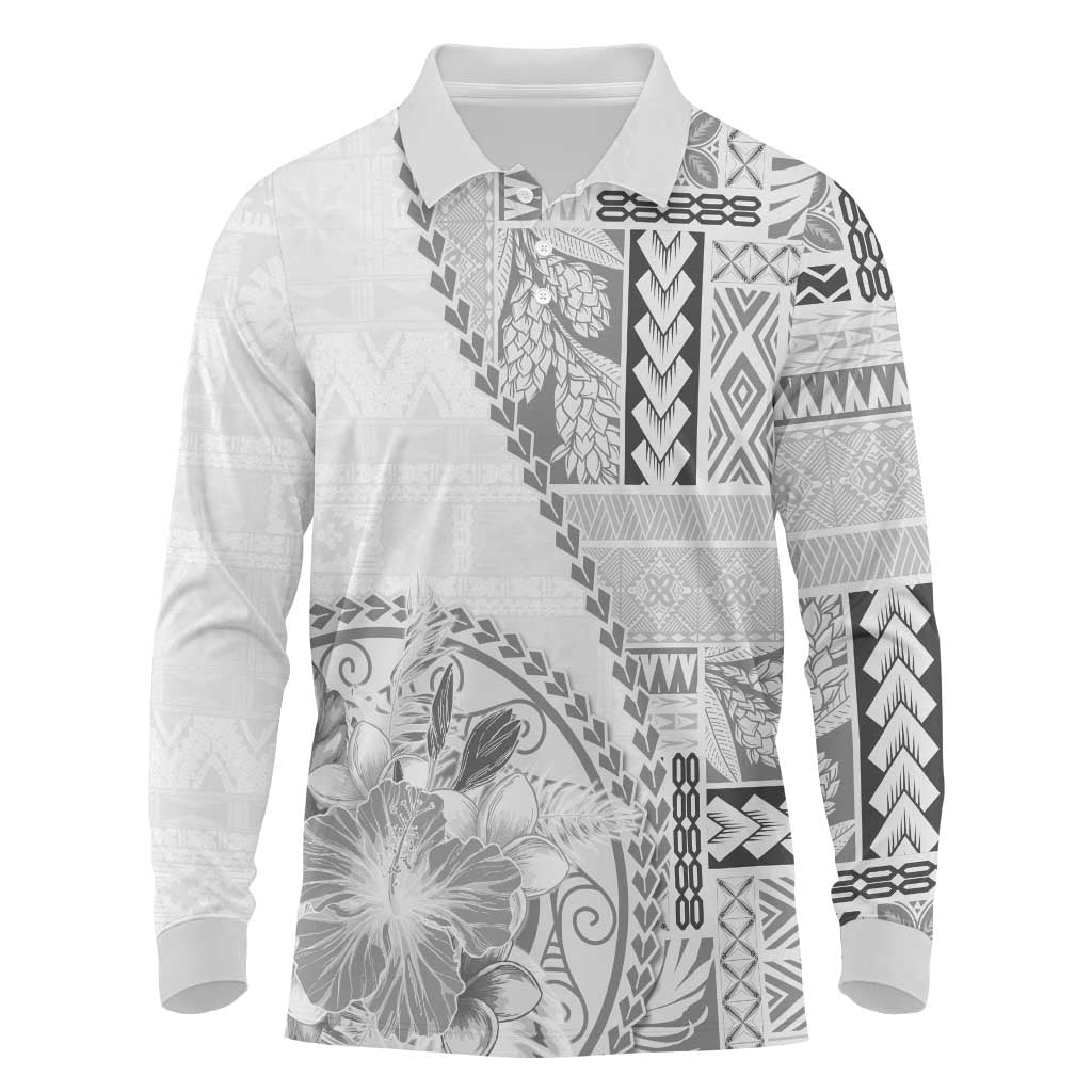 Samoa Siapo Elegant Long Sleeve Polo Shirt Hibiscus White Motifs LT05 White - Polynesian Pride