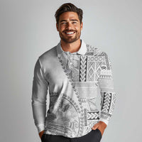 Samoa Siapo Elegant Long Sleeve Polo Shirt Hibiscus White Motifs LT05 - Polynesian Pride