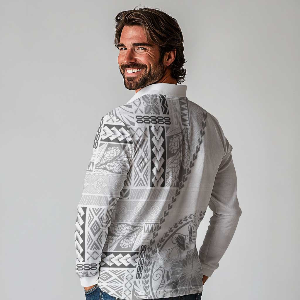 Samoa Siapo Elegant Long Sleeve Polo Shirt Hibiscus White Motifs LT05 - Polynesian Pride
