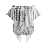 Samoa Siapo Elegant Off Shoulder Wrap Waist Top Hibiscus White Motifs LT05 - Polynesian Pride