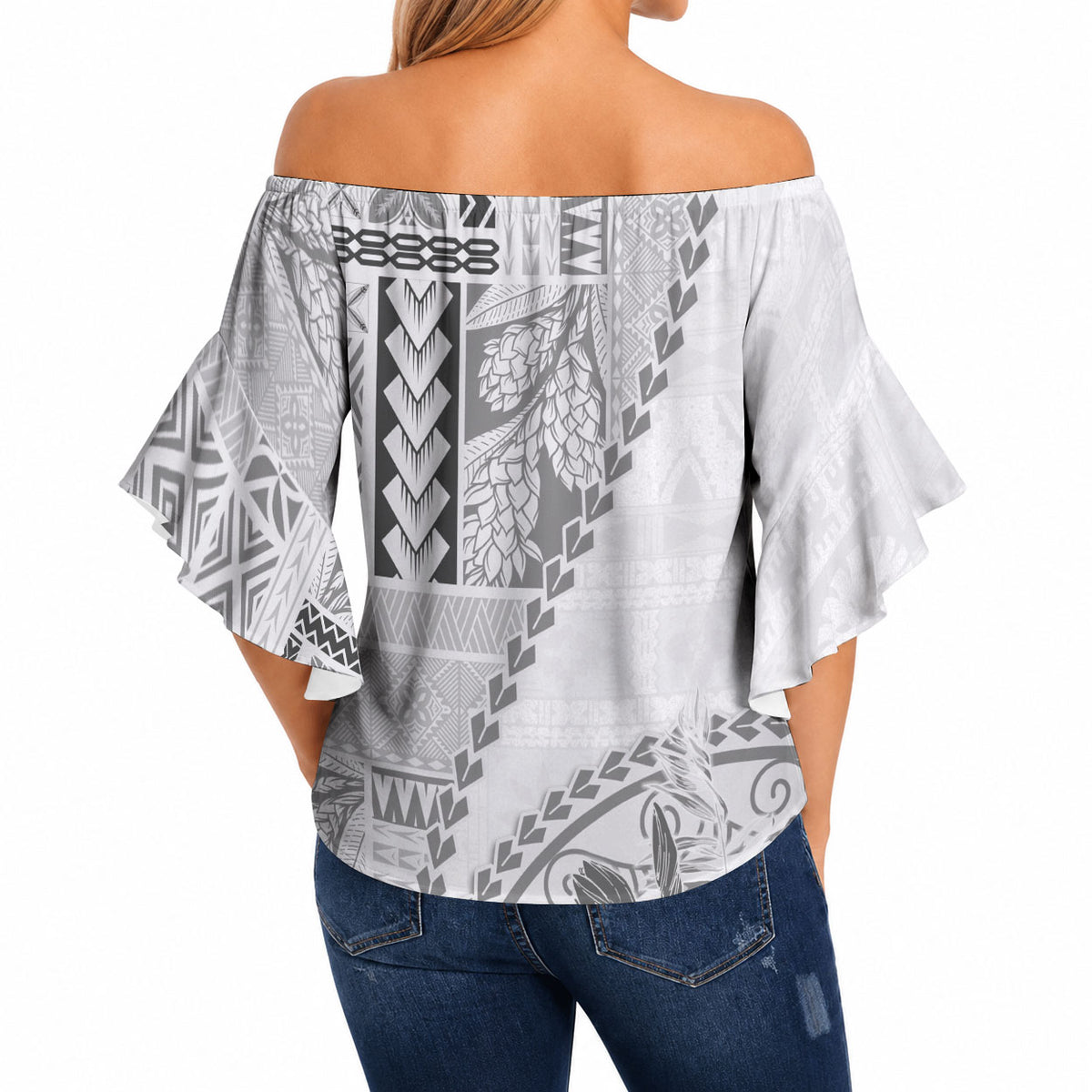 Samoa Siapo Elegant Off Shoulder Wrap Waist Top Hibiscus White Motifs LT05 - Polynesian Pride