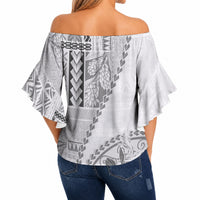 Samoa Siapo Elegant Off Shoulder Wrap Waist Top Hibiscus White Motifs LT05 - Polynesian Pride