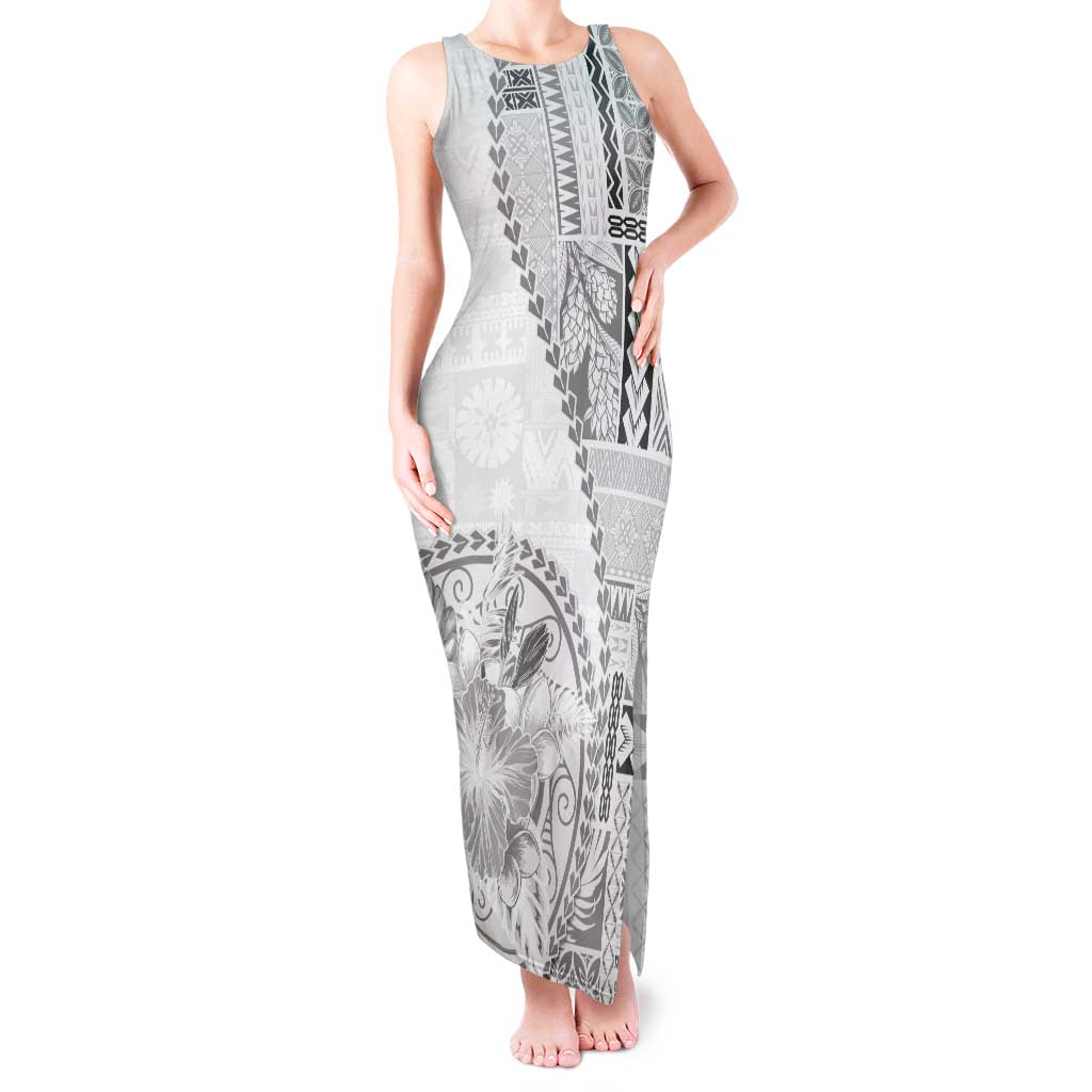 Samoa Siapo Elegant Tank Maxi Dress Hibiscus White Motifs LT05 Women White - Polynesian Pride