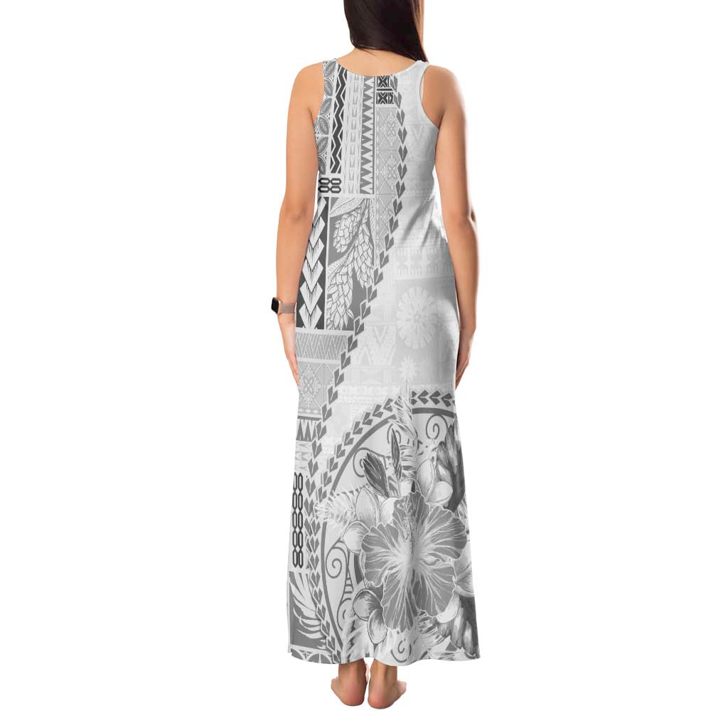 Samoa Siapo Elegant Tank Maxi Dress Hibiscus White Motifs LT05 - Polynesian Pride