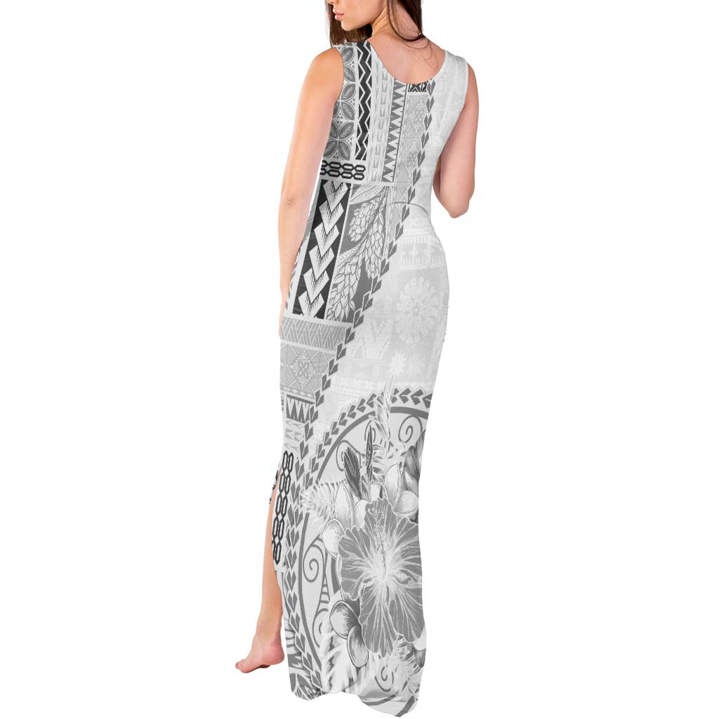 Samoa Siapo Elegant Tank Maxi Dress Hibiscus White Motifs LT05 - Polynesian Pride