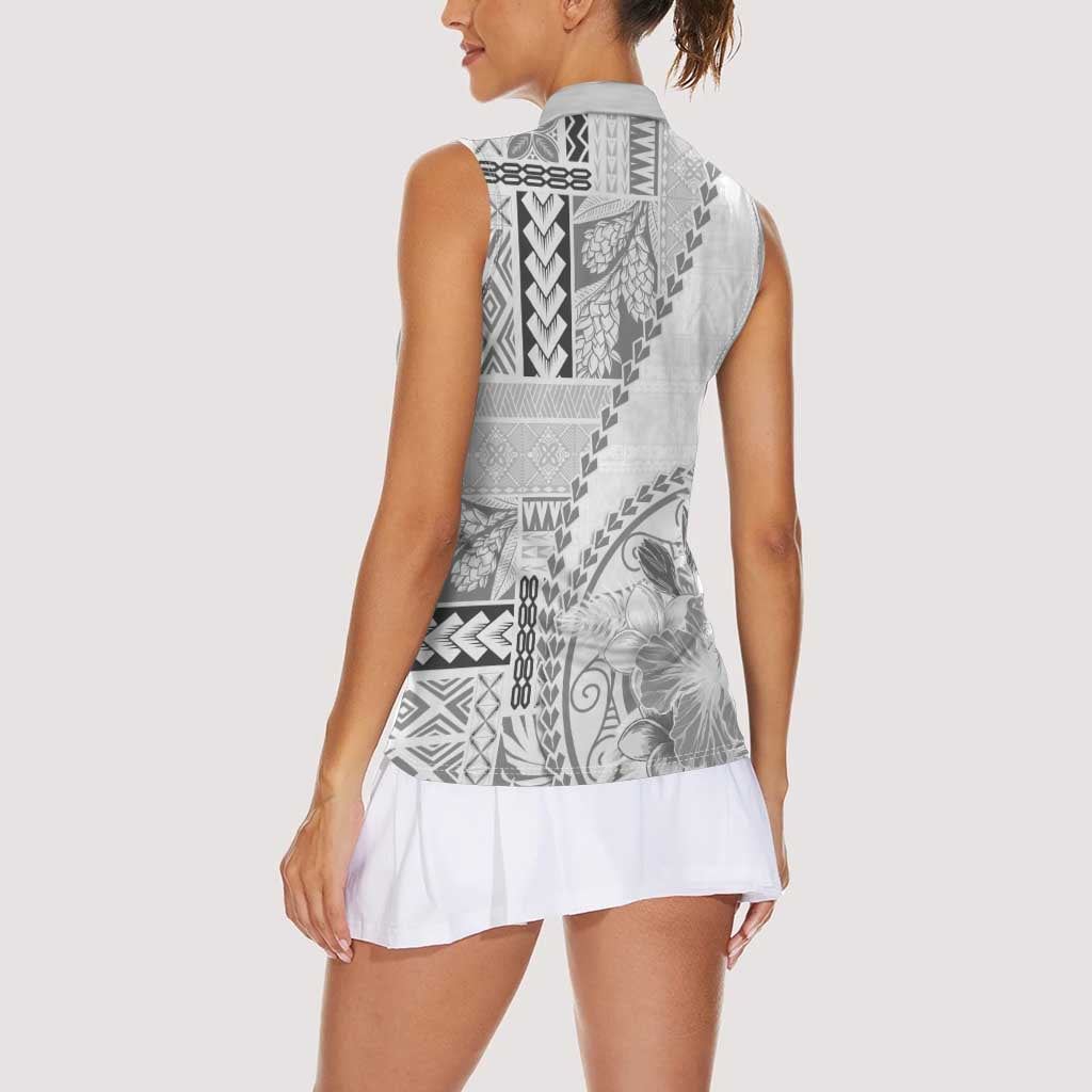 Samoa Siapo Elegant Women Sleeveless Polo Shirt Hibiscus White Motifs - Polynesian Pride