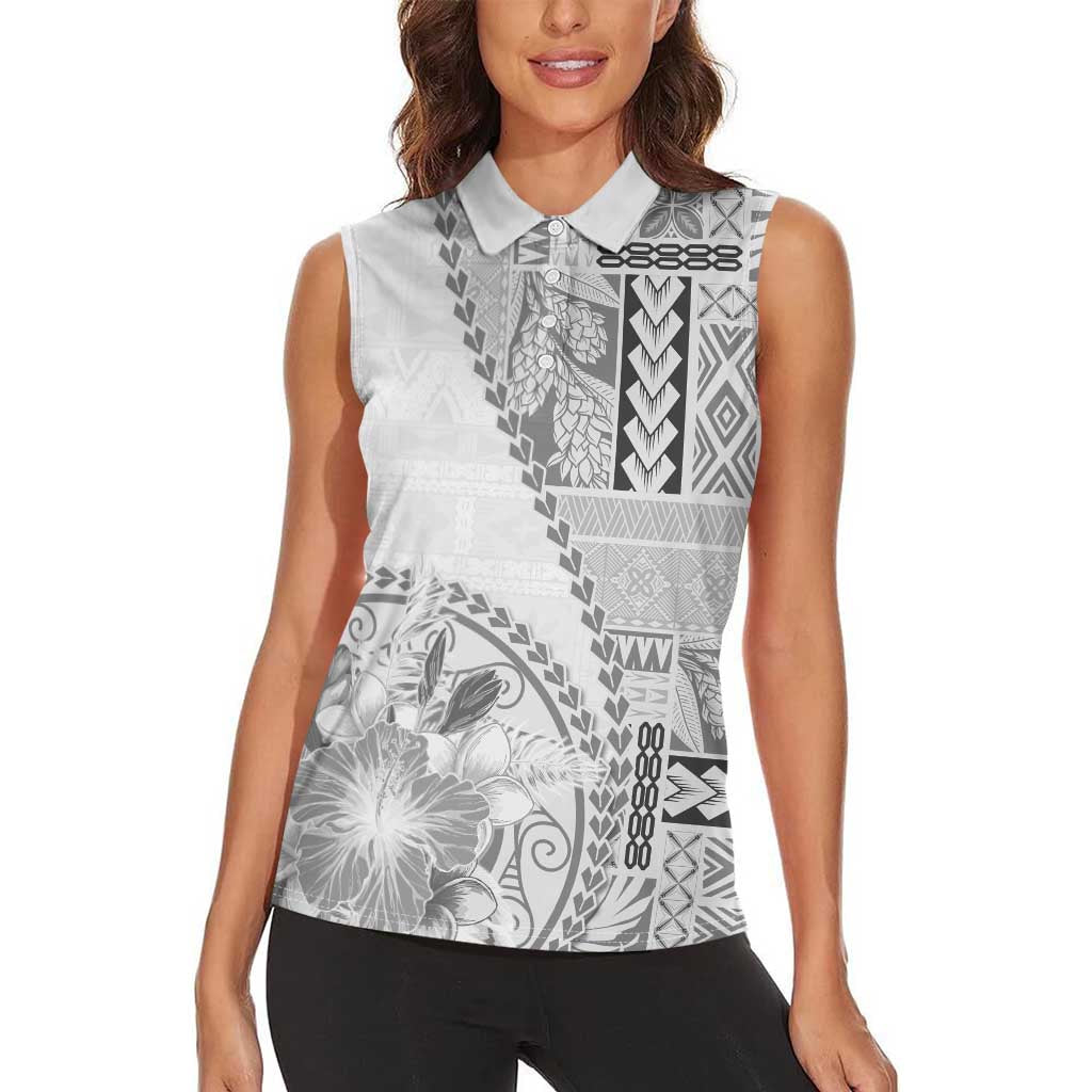 Samoa Siapo Elegant Women Sleeveless Polo Shirt Hibiscus White Motifs - Polynesian Pride