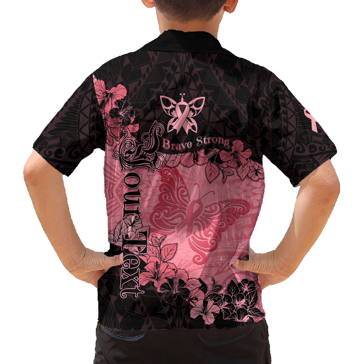 Personalized Breast Cancer Family Matching Off Shoulder Short Dress and Hawaiian Shirt Survivor Polynesian Ribbon Butterfly LT05 - Polynesian Pride