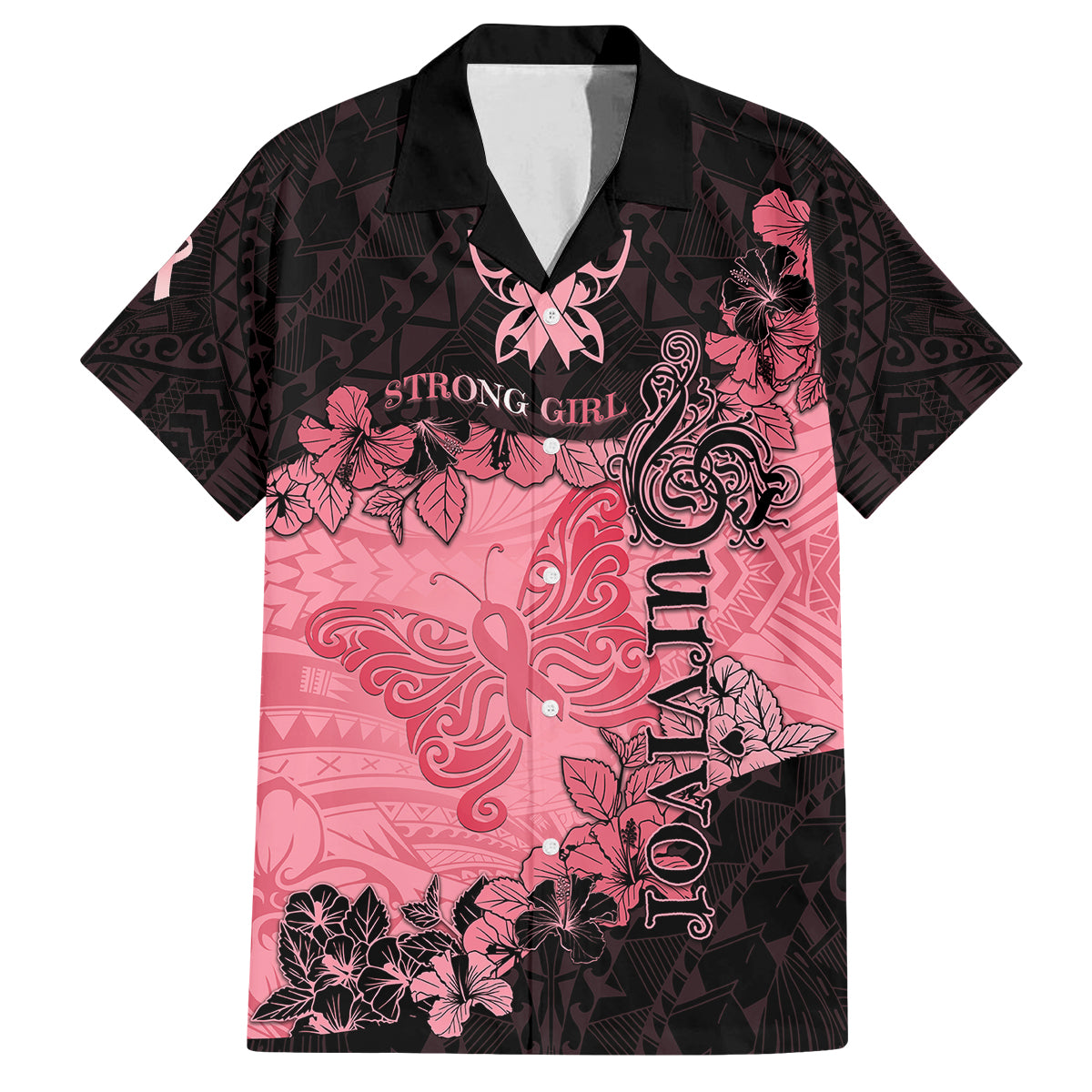 Personalized Breast Cancer Family Matching Off Shoulder Short Dress and Hawaiian Shirt Survivor Polynesian Ribbon Butterfly LT05 Dad's Shirt - Short Sleeve Pink - Polynesian Pride