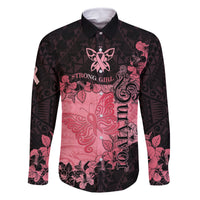 Personalized Breast Cancer Family Matching Off Shoulder Short Dress and Hawaiian Shirt Survivor Polynesian Ribbon Butterfly LT05 Dad's Shirt - Long Sleeve Pink - Polynesian Pride