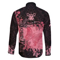 Personalized Breast Cancer Family Matching Off Shoulder Short Dress and Hawaiian Shirt Survivor Polynesian Ribbon Butterfly LT05 - Polynesian Pride