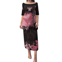 Personalized Breast Cancer Family Matching Puletasi Dress and Hawaiian Shirt Survivor Polynesian Ribbon Butterfly LT05 Mom's Dress Pink - Polynesian Pride