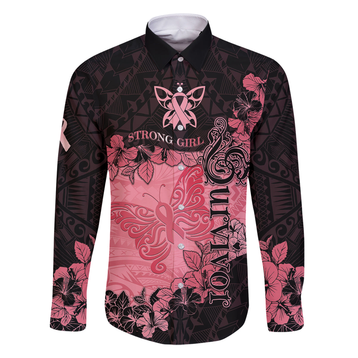Personalized Breast Cancer Family Matching Short Sleeve Bodycon Dress and Hawaiian Shirt Survivor Polynesian Ribbon Butterfly LT05 Dad's Shirt - Long Sleeve Pink - Polynesian Pride