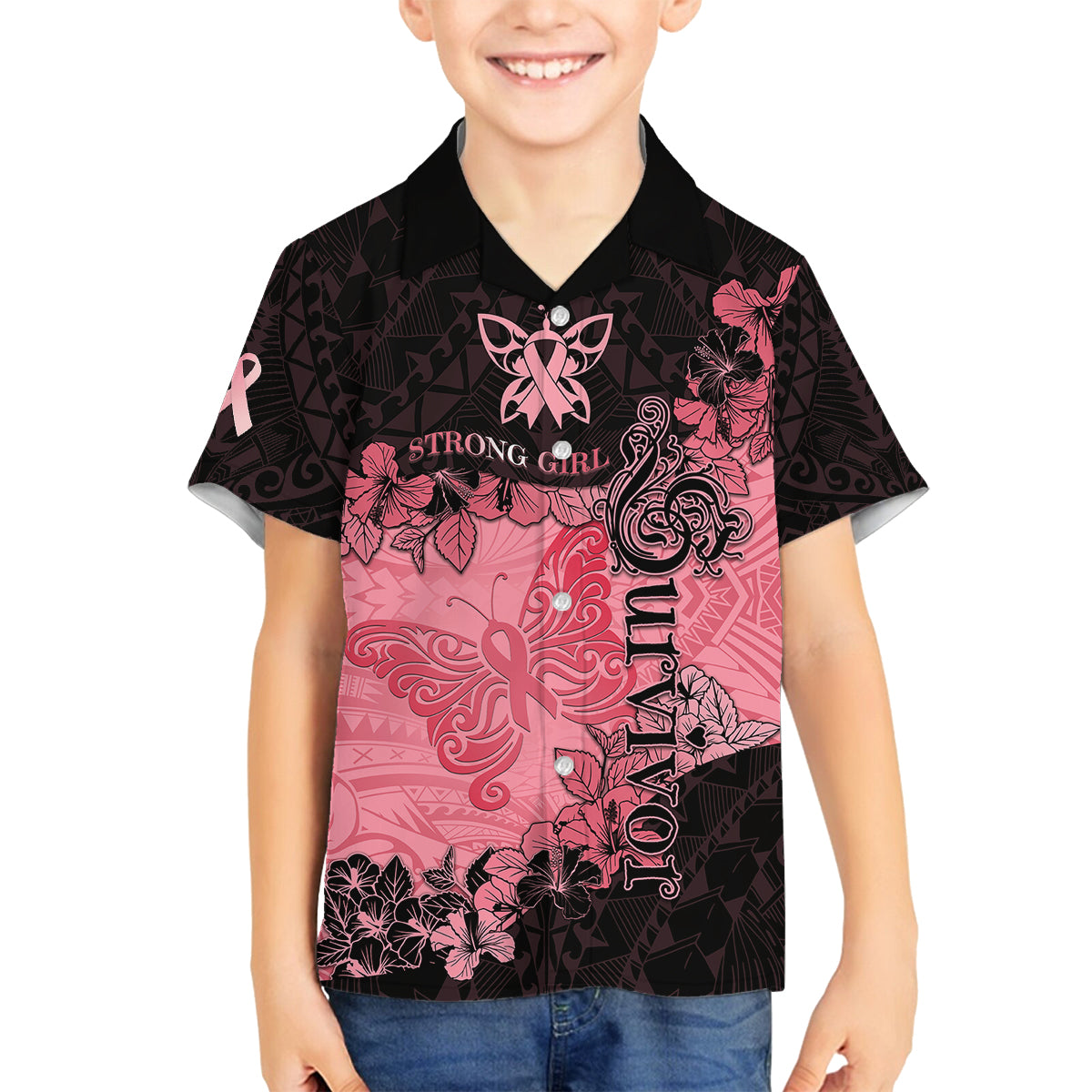Personalized Breast Cancer Family Matching Tank Maxi Dress and Hawaiian Shirt Survivor Polynesian Ribbon Butterfly LT05 Son's Shirt Pink - Polynesian Pride