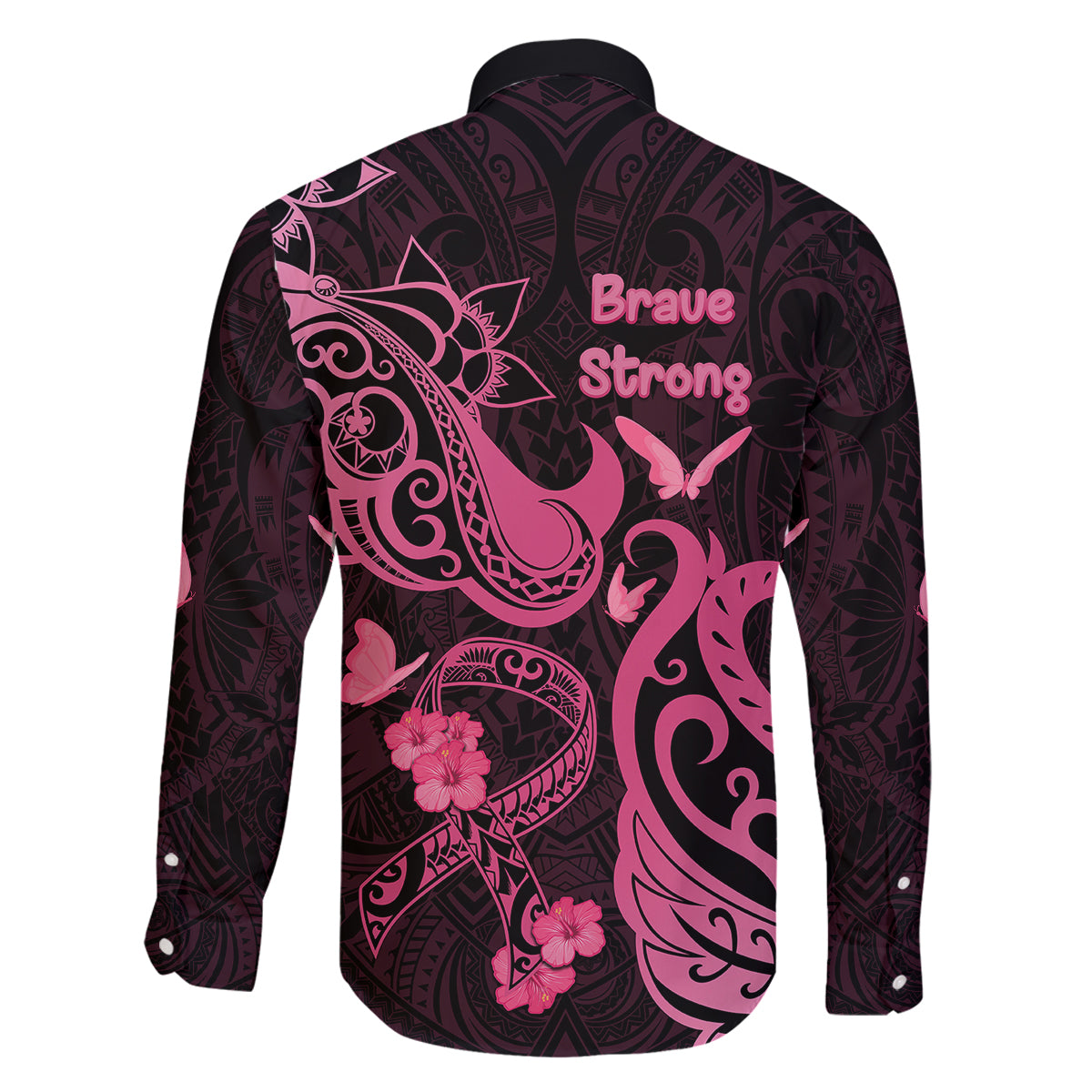 Breast Cancer Awareness Family Matching Off Shoulder Long Sleeve Dress and Hawaiian Shirt Ribbon Polynesian Pattern Black Version LT05 - Polynesian Pride