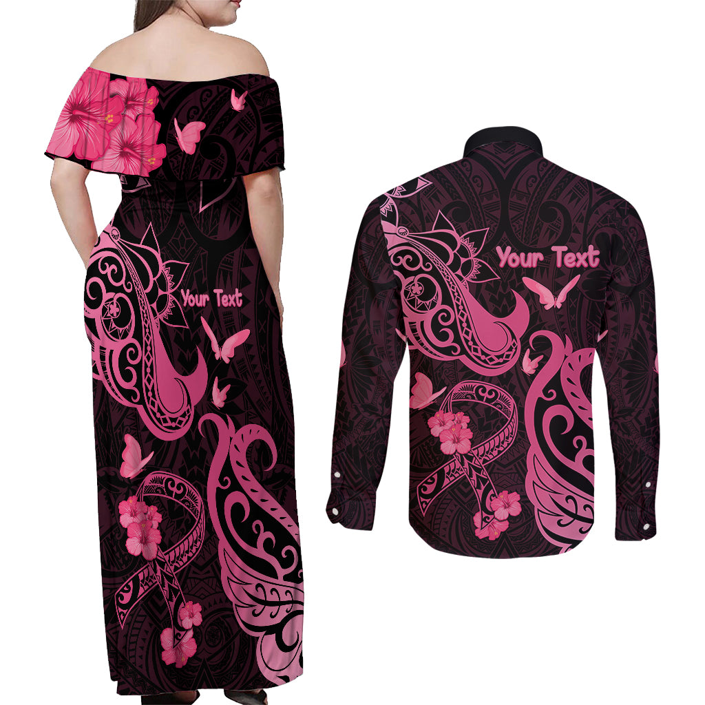 Personalized Breast Cancer Awareness Couples Matching Off Shoulder Maxi Dress and Long Sleeve Button Shirts Ribbon Polynesian Pattern Black Version LT05 - Polynesian Pride