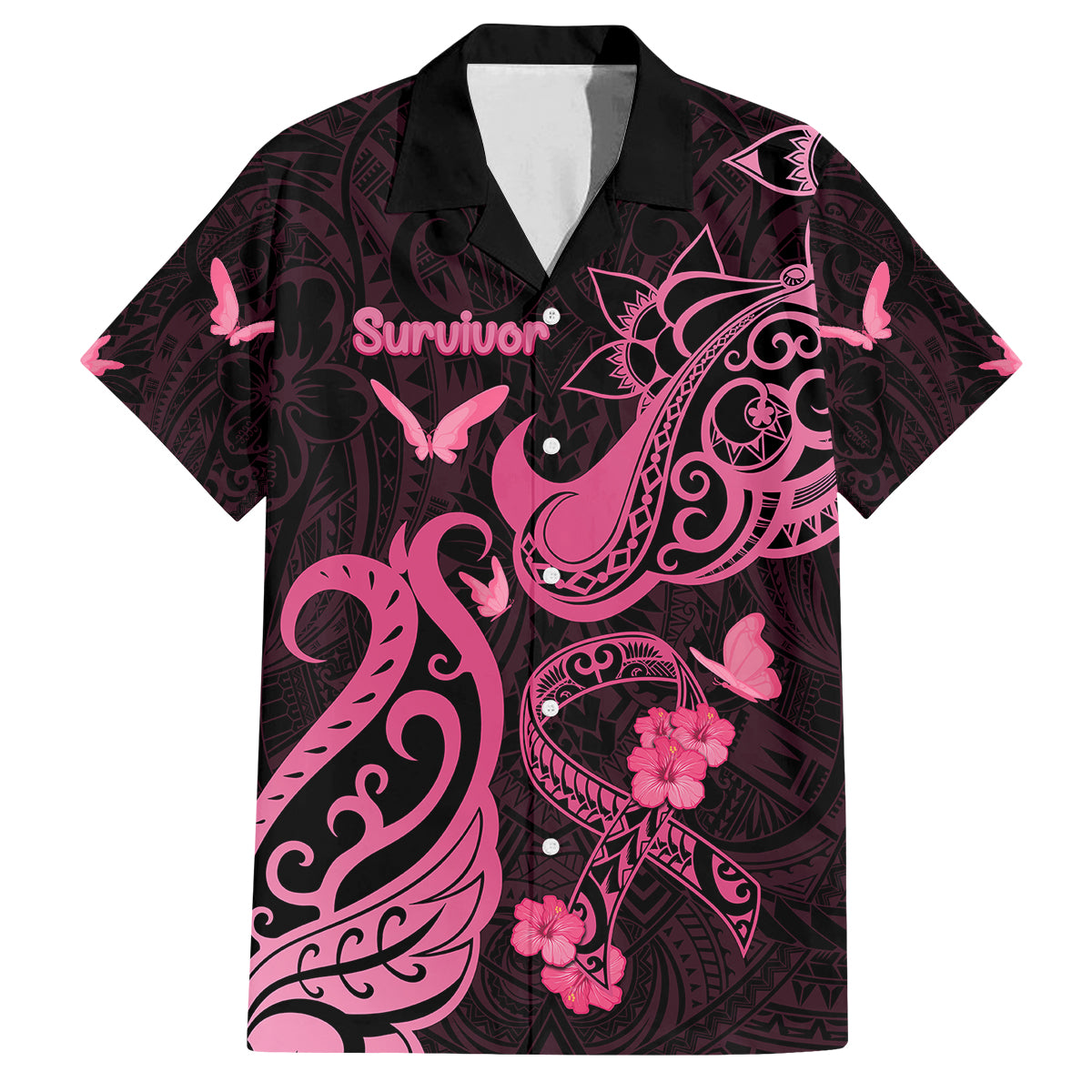 Personalized Breast Cancer Awareness Family Matching Long Sleeve Bodycon Dress and Hawaiian Shirt Ribbon Polynesian Pattern Black Version LT05 Dad's Shirt - Short Sleeve Black - Polynesian Pride