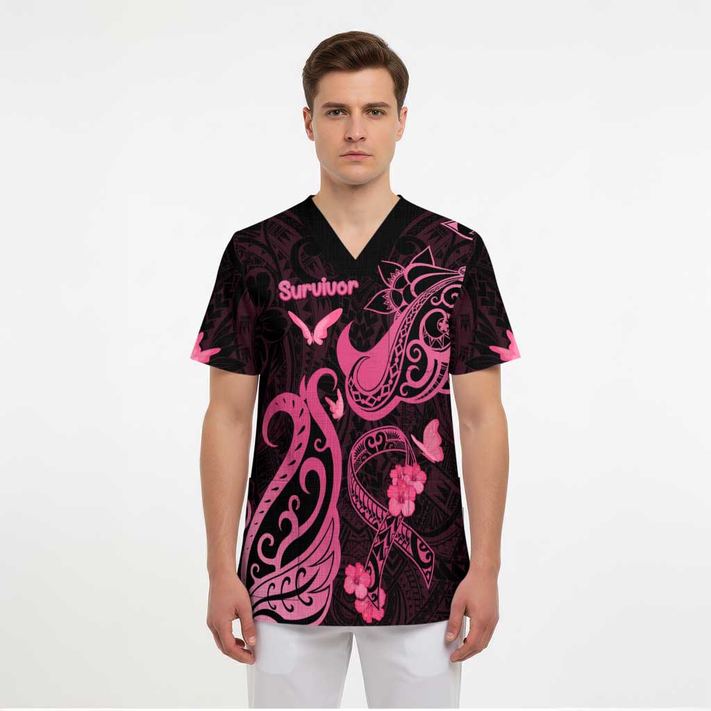 Personalized Breast Cancer Awareness Scrub Top Ribbon Polynesian Pattern Black Version - Polynesian Pride