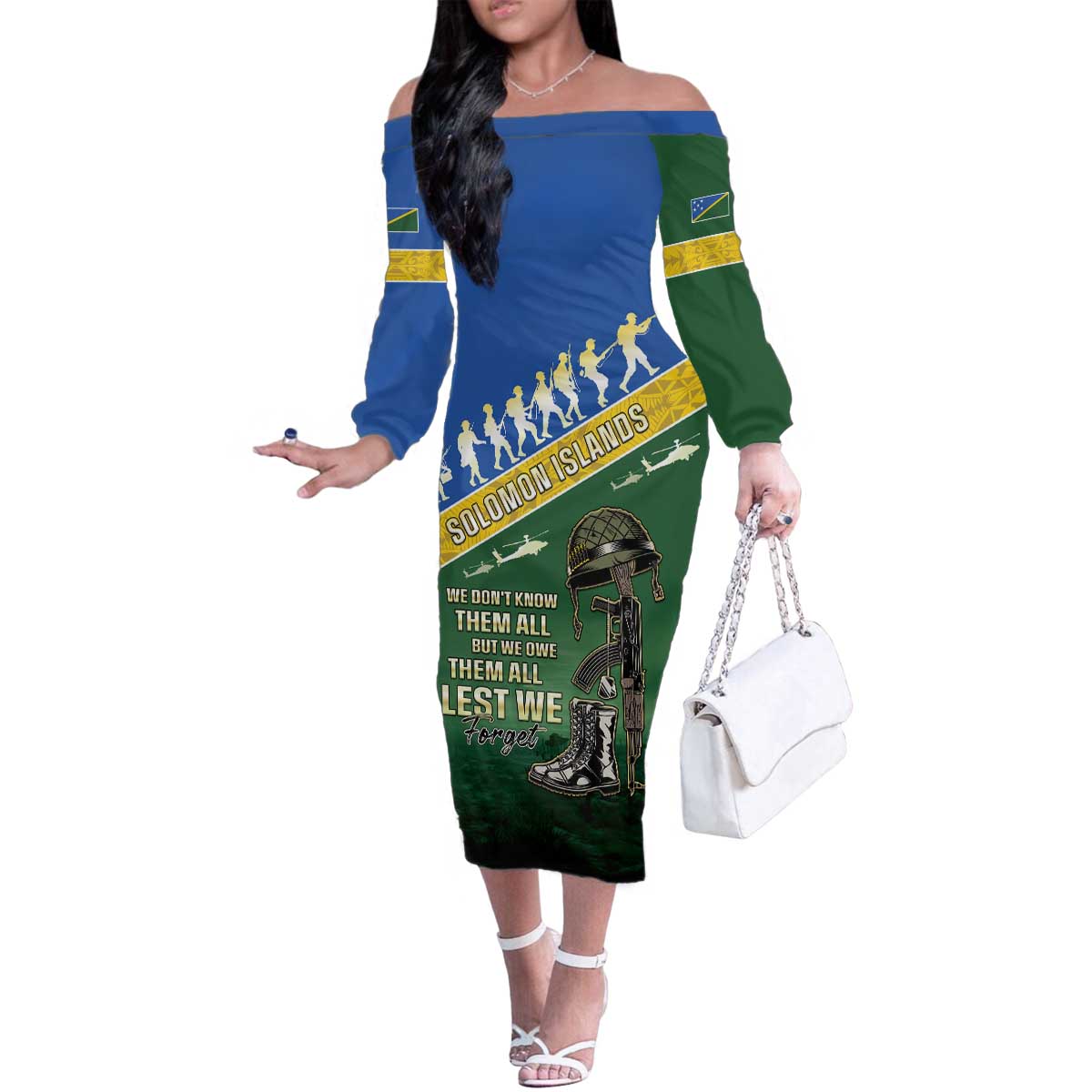 Solomon Islands Remembrance Day Family Matching Off The Shoulder Long Sleeve Dress and Hawaiian Shirt Lest We Forget LT05 Mom's Dress Green - Polynesian Pride