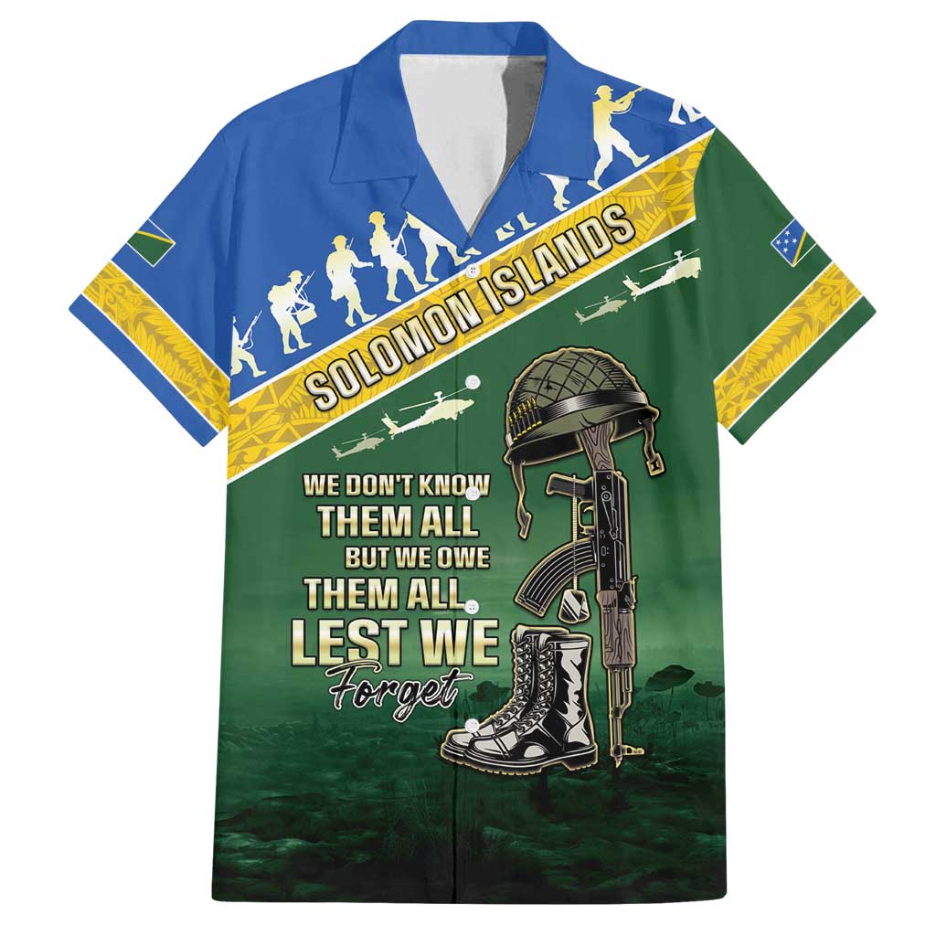 Solomon Islands Remembrance Day Family Matching Off Shoulder Maxi Dress and Hawaiian Shirt Lest We Forget LT05 Dad's Shirt - Short Sleeve Green - Polynesian Pride