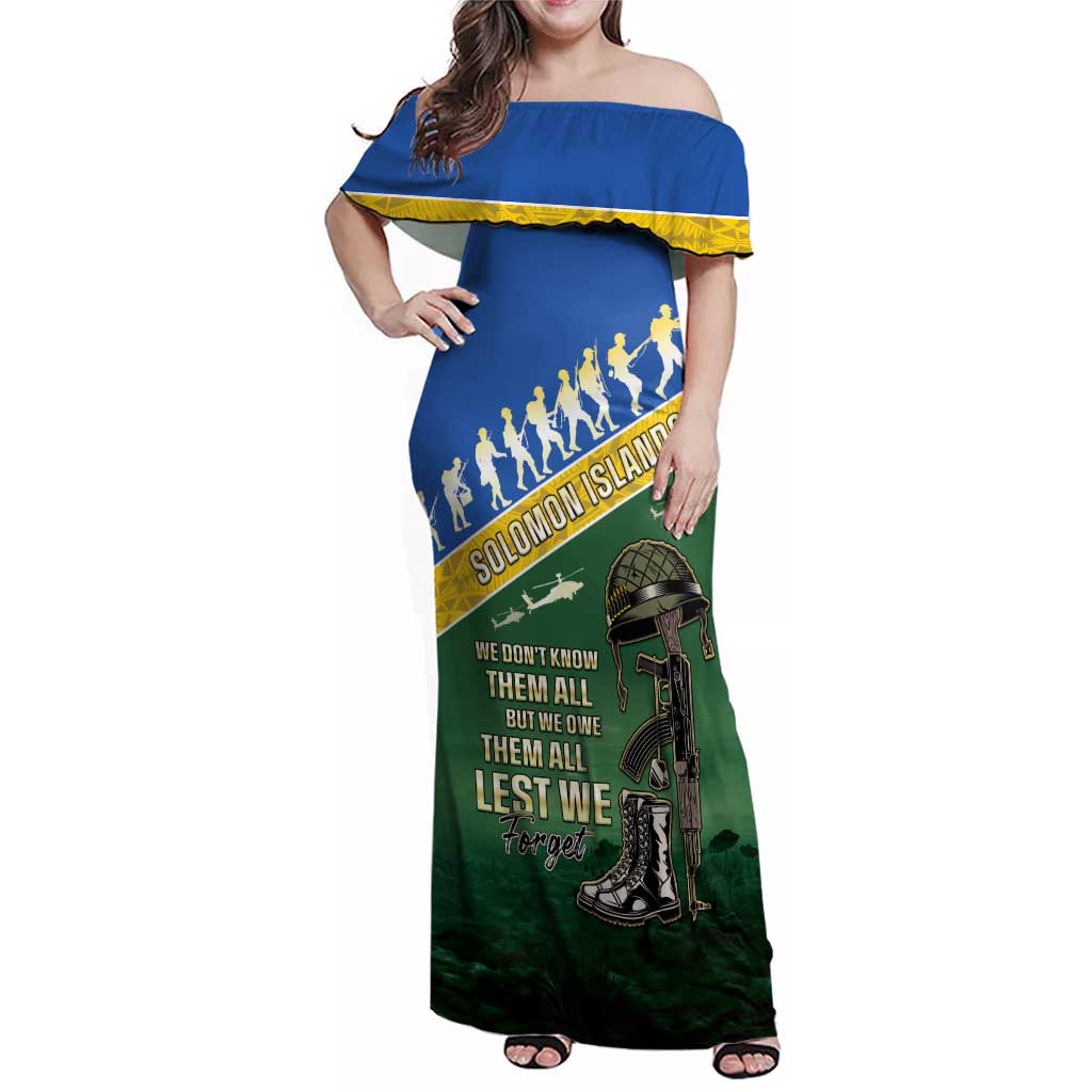 Solomon Islands Remembrance Day Family Matching Off Shoulder Maxi Dress and Hawaiian Shirt Lest We Forget LT05 Mom's Dress Green - Polynesian Pride
