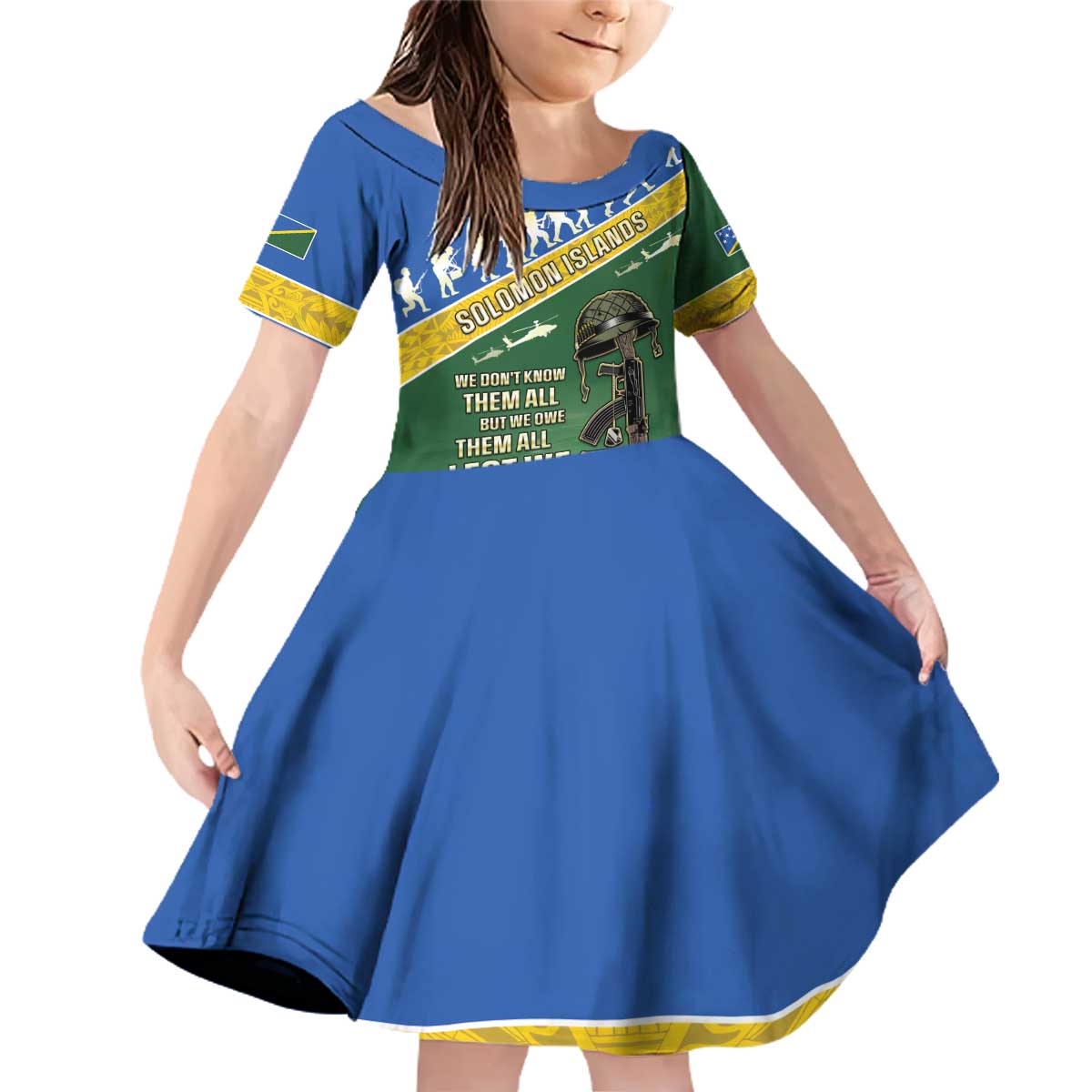 Solomon Islands Remembrance Day Family Matching Off Shoulder Short Dress and Hawaiian Shirt Lest We Forget LT05 Daughter's Dress Green - Polynesian Pride