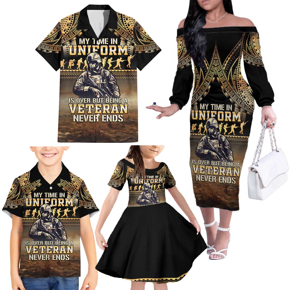 Polynesia Veterans Day Family Matching Off The Shoulder Long Sleeve Dress and Hawaiian Shirt Thank You Veterans Polynesian Pattern LT05 - Polynesian Pride